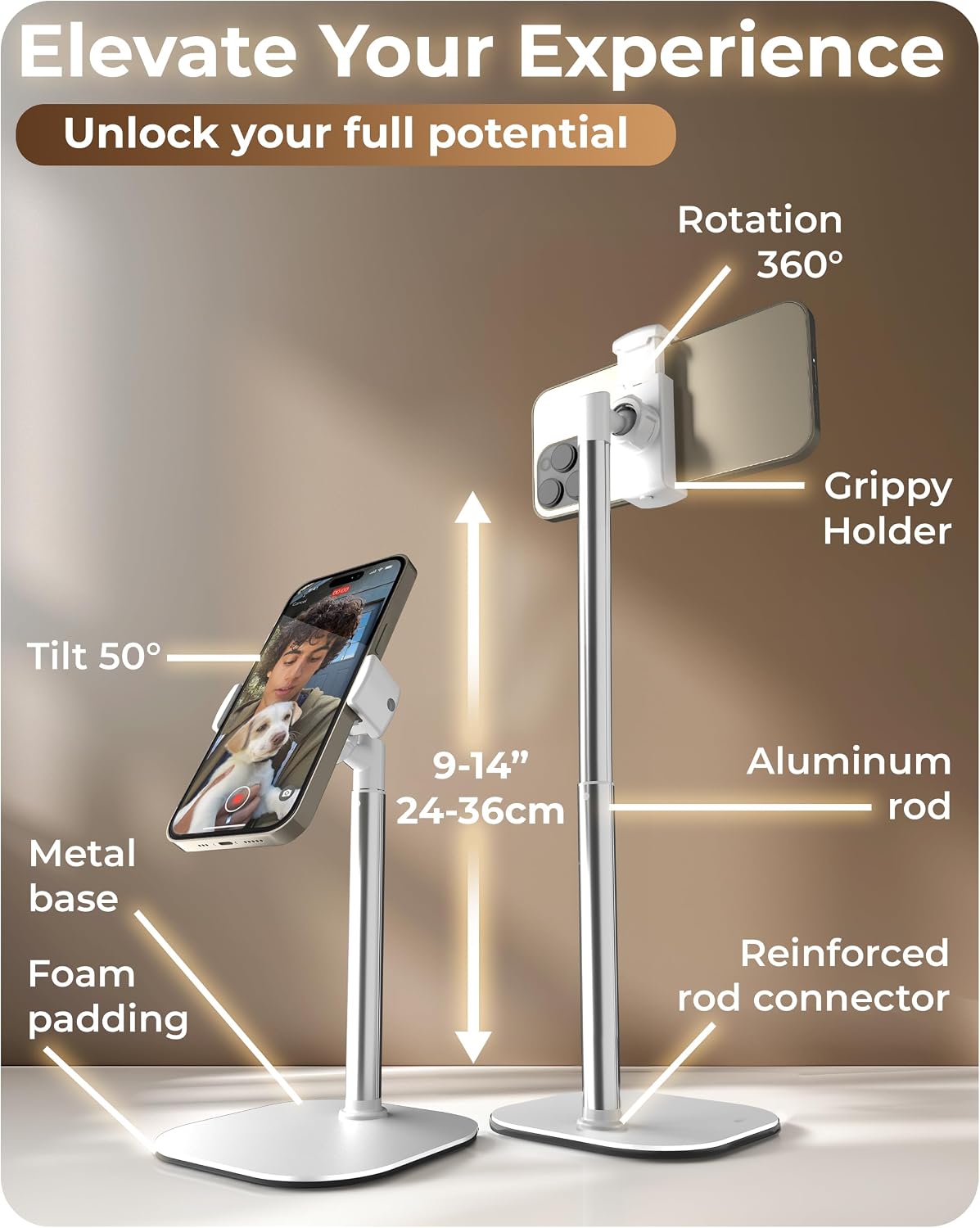 COOPER ChatStand, Adjustable Cell Phone Stand for Desk, Cell Phone Holder for Desk, Mobile Stand, Mobile Holder for Apple iPhone, Fits Samsung, Android Smartphones - Frost White | 9-13" Adjustable, Weighted Base, Phone Holder Desk Tripod, for Recording, Video, FaceTime; fits all iPhone, Samsung, Android - الصورة 6