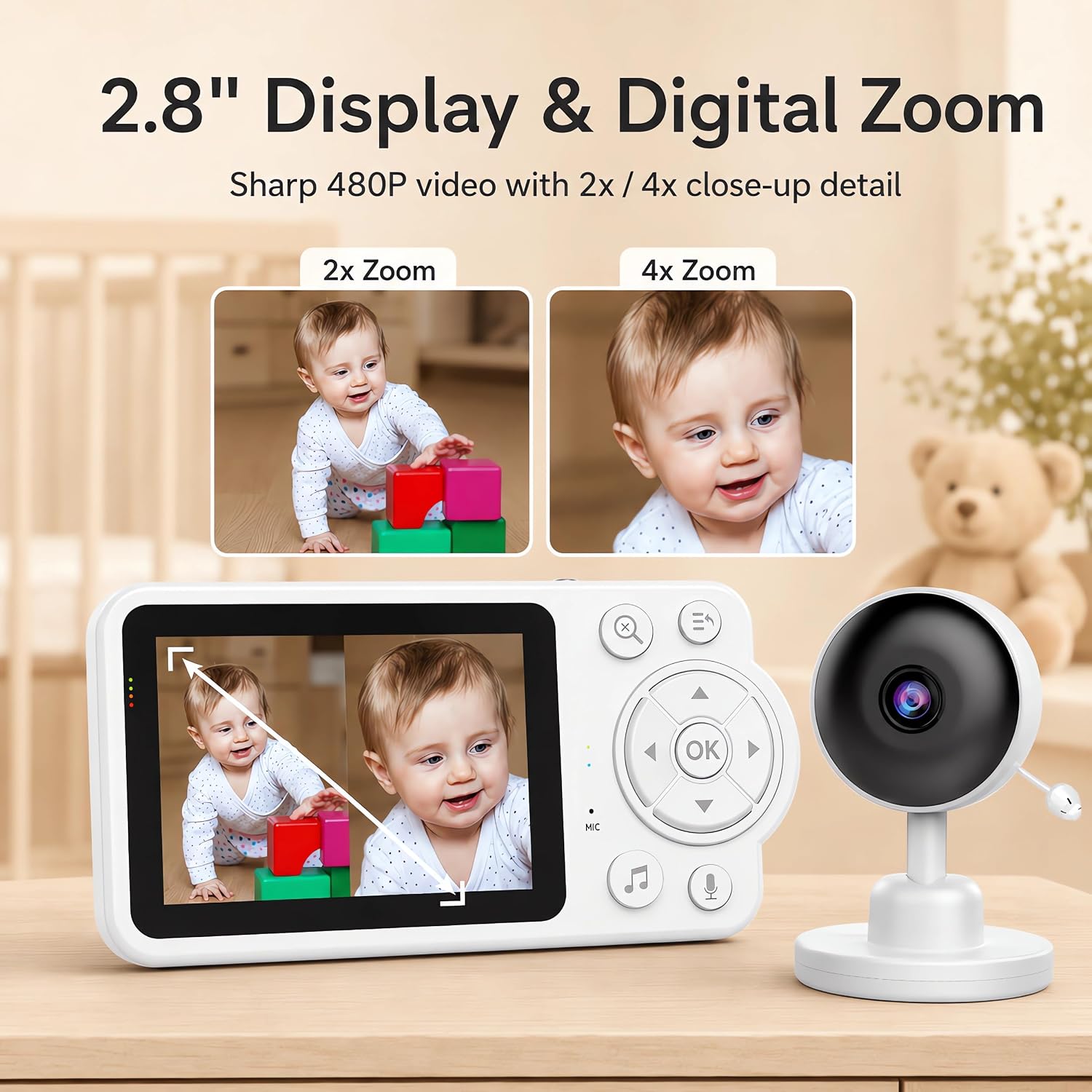 Baby Monitor with Camera and Audio, 2.8 Inch Video Baby Camera Monitor with 10-Hour Battery VOX Mode, 2-Way Talk, Sound Alerts, Wireless No WiFi, Up to 1000ft Range for Babies - الصورة 6