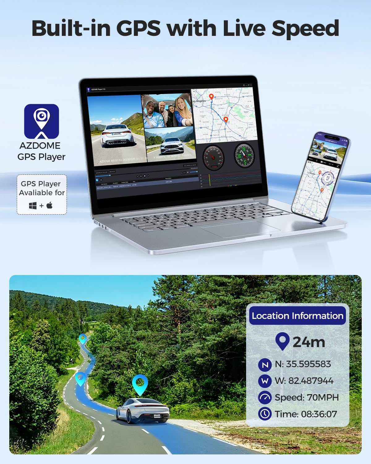 كاميرا AZDOME M550 Pro 5G WiFi بثلاث قنوات، GPS مدمج، 4K+1080P أمامية وخلفية، تدعم 512GB، شاشة 3.19" IPS، رؤية ليلية IR، ووضع مراقبة وقوف السيارات 24 ساعة. - الصورة 8