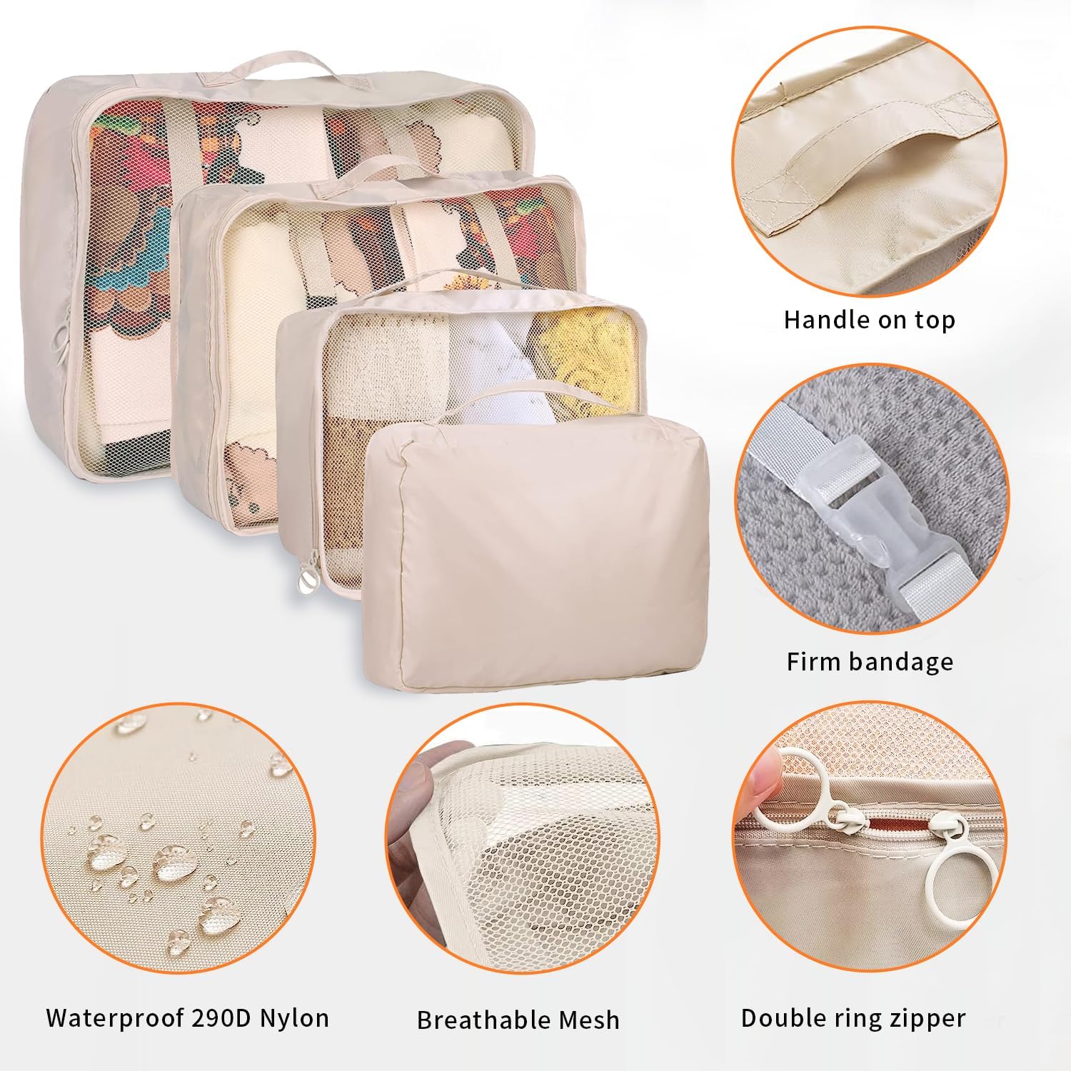 Yoawllty 8pcs Packing Cubes,Travel Organizer for Suitcases,Travel Essentials Bag Organizers for Carry on,Luggage Organizer Bags Set for Travel Accessories(Beige) - الصورة 3