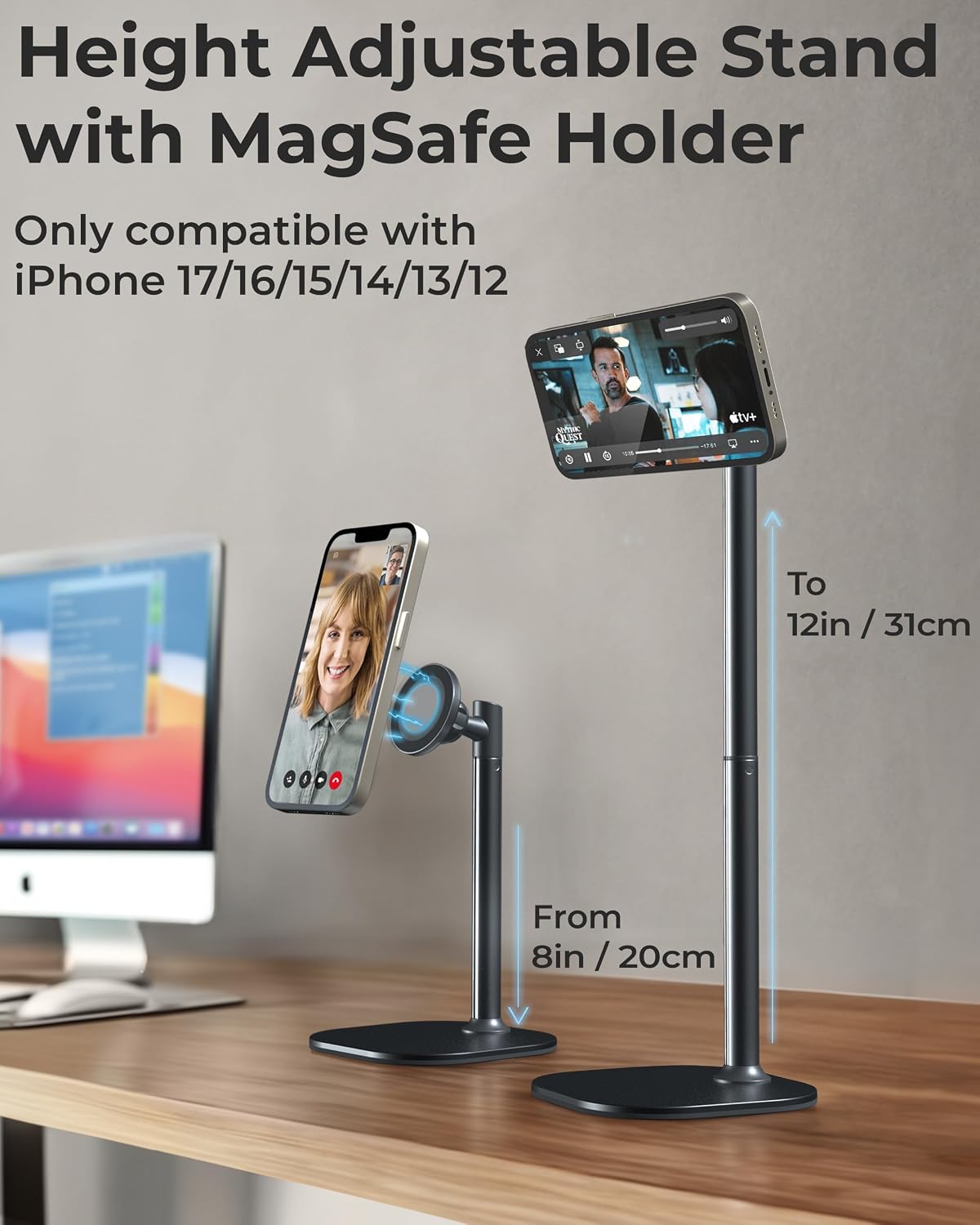 Cooper MagStand - Adjustable Magnetic iPhone Stand for Desk & Phone Holder for Video Recording, Compatible with MagSafe, Stand for iPhone 17 Pro Max, 16-12, Small Mag Safe Tripod (Night Black) - الصورة 2