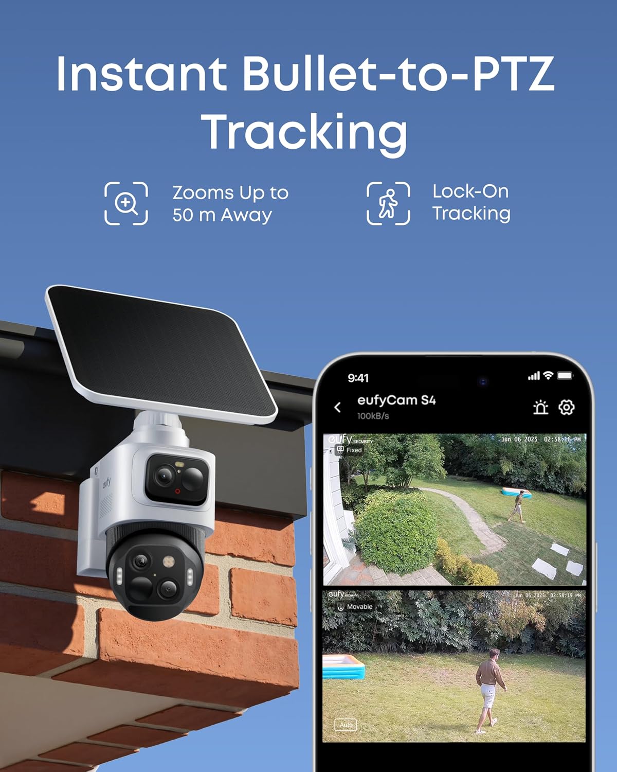 eufy Security eufyCam S4, Solar Security Camera Wireless Outdoor, Triple-Lens Bullet-PTZ Cam, 4K UHD, 360° Pan and Tilt, Auto Track, 8× Hybrid Zoom, Colour Night Vision, Compatible with HomeBase S380 - الصورة 4