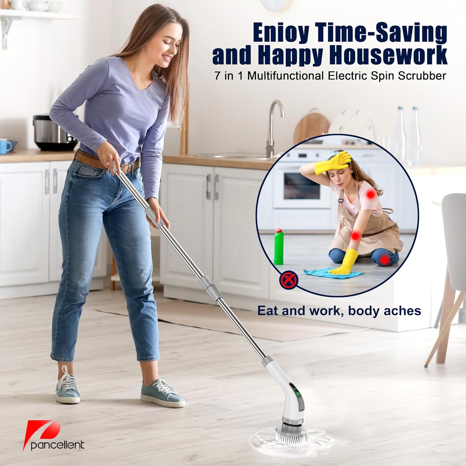 Electric Spin Scrubber, 2025 Upgrade 7 in 1 Electric Cleaning Brush,360RPM Powerful Cleaning, 1.5H Bathroom Scrubber Dual Speed with Extension Arm for Kitchen, Car, Tile, Wall, Floor, Shower - الصورة 2