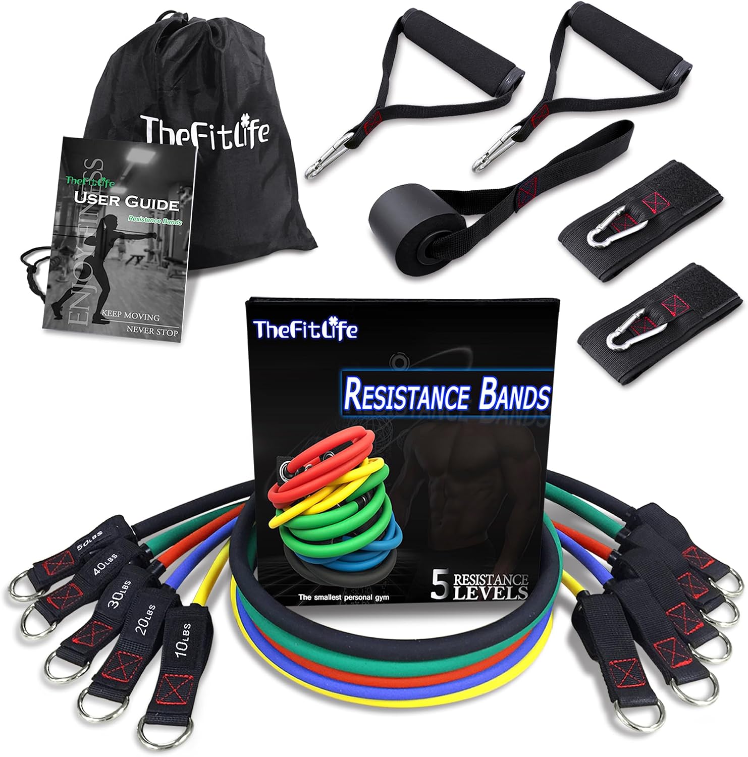 TheFitLife Exercise and Resistance Bands Set - 5 Fitness stackable up to 110/150/200/250/300 lbs Workout Tubes for Indoor and Outdoor Sports, Fitness, Suspension, Speed Strength, Home Gym, Yoga