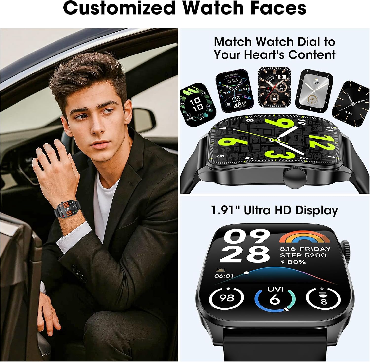 Smart Watch for Men Women Answer/Make Calls,1.91" HD Curved Screen Fitness Watch with Sleep/Heart Rate/SpO2/Stress Monitor,120+ Sport Modes,IP68 Waterproof Smartwatch for iPhone & Android(Black, 1.91) - الصورة 6
