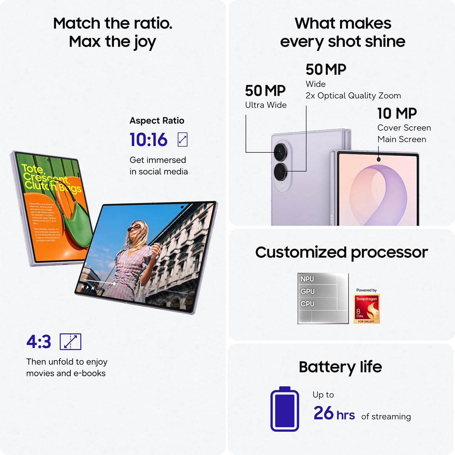 Samsung Galaxy Z Fold8 Lavender, 512GB, All-new Shape,Customized Processor,4800 mAh Battery,12GB RAM,Dual 50MP Camera,Now Nudge, Photo Assist, 1 Year Extended Warranty (KSA Version)(Amazon Exclusive) - الصورة 4