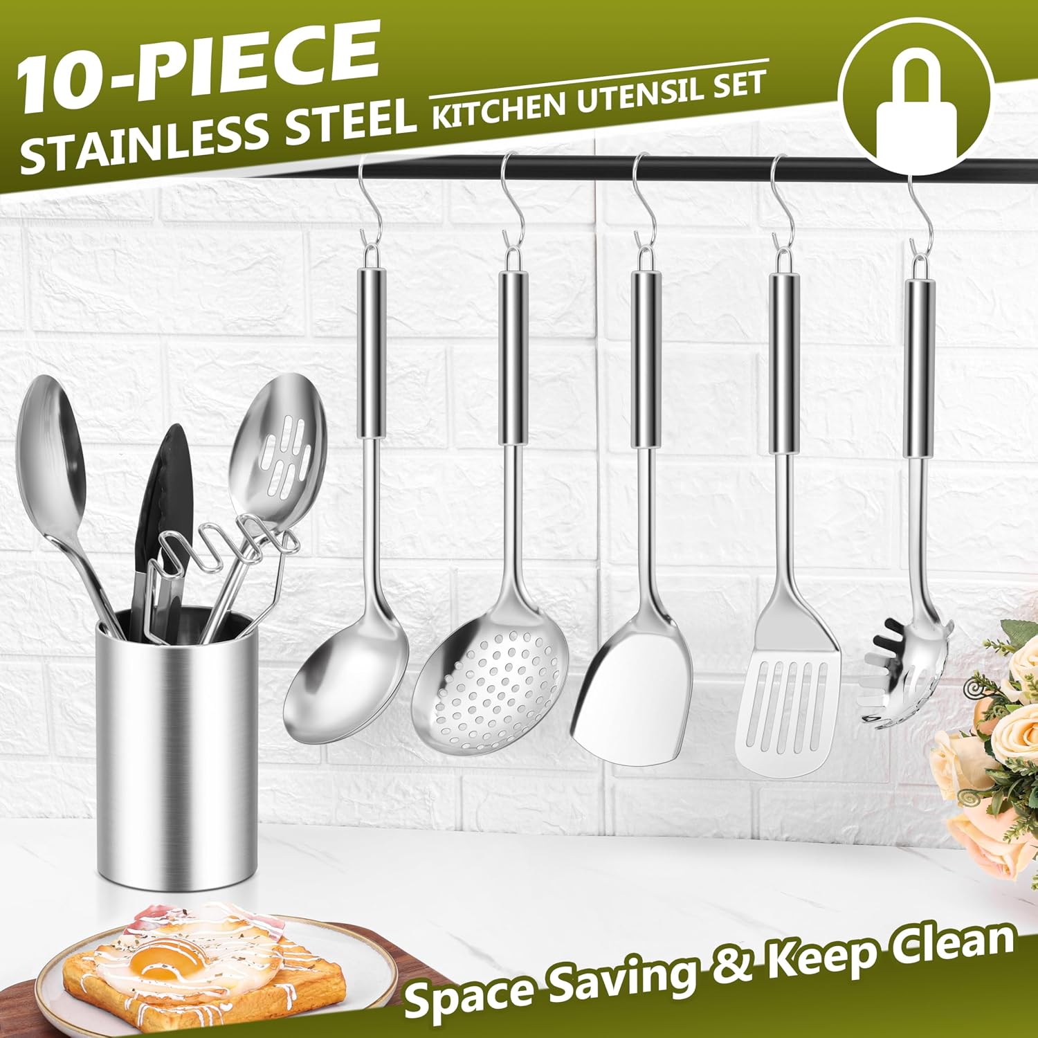 E-far Stainless Steel Kitchen Cooking Utensils Set, 10-Piece with Holder - الصورة 6