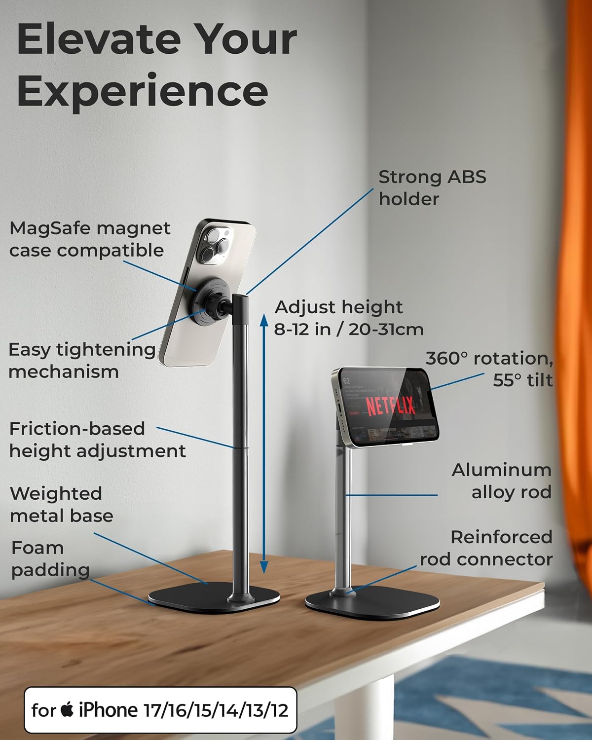 Cooper MagStand - Adjustable Magnetic iPhone Stand for Desk & Phone Holder for Video Recording, Compatible with MagSafe, Stand for iPhone 17 Pro Max, 16-12, Small Mag Safe Tripod (Night Black) - الصورة 6