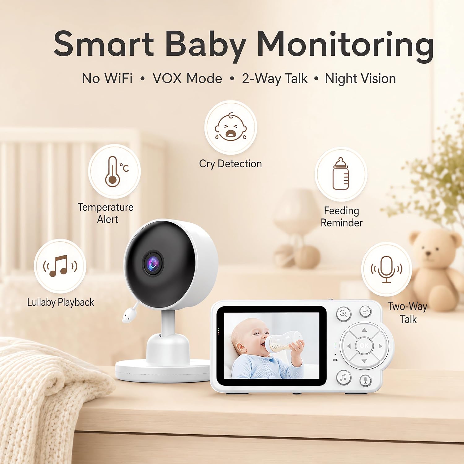 Baby Monitor with Camera and Audio, 2.8 Inch Video Baby Camera Monitor with 10-Hour Battery VOX Mode, 2-Way Talk, Sound Alerts, Wireless No WiFi, Up to 1000ft Range for Babies - الصورة 2
