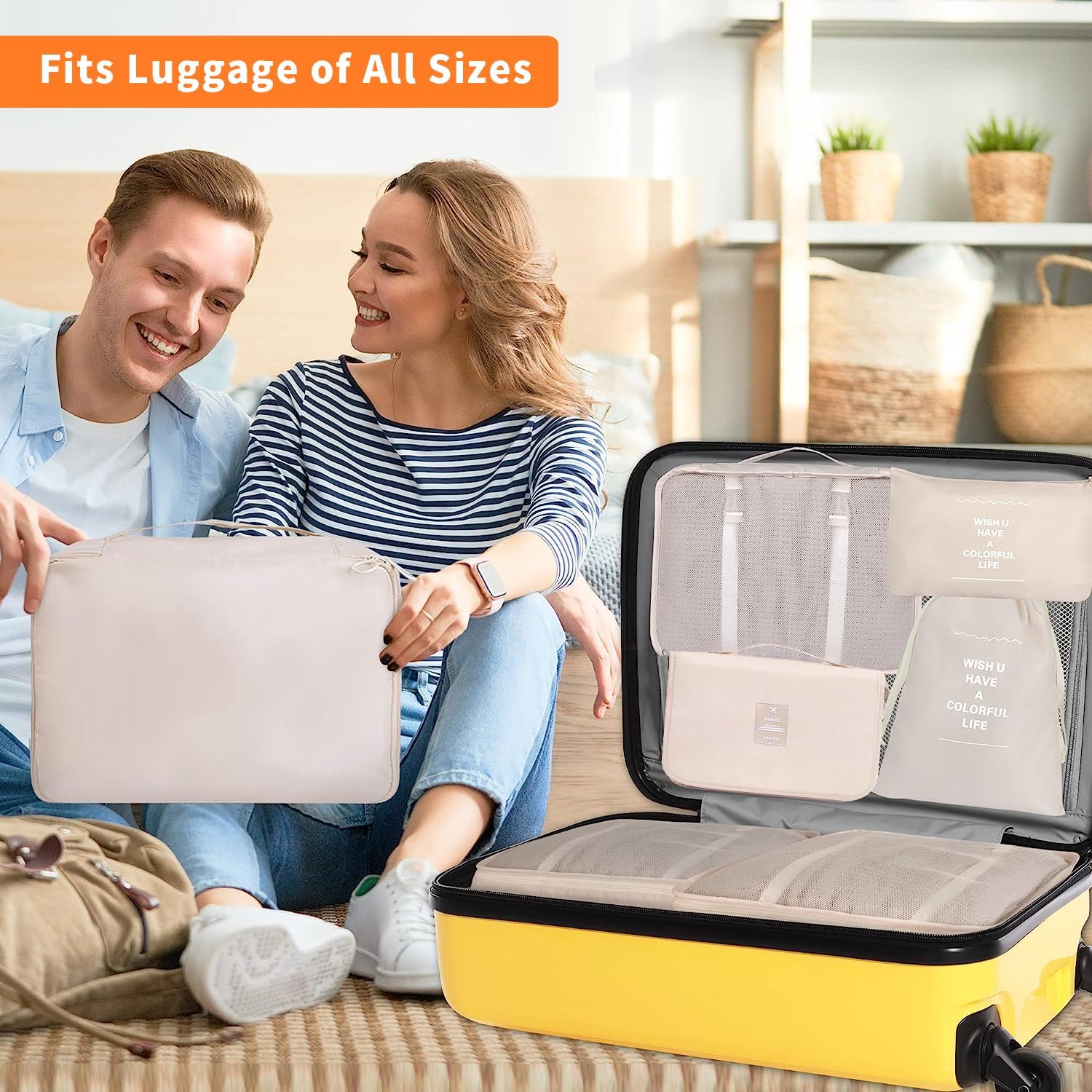 Yoawllty 8pcs Packing Cubes,Travel Organizer for Suitcases,Travel Essentials Bag Organizers for Carry on,Luggage Organizer Bags Set for Travel Accessories(Beige) - الصورة 7