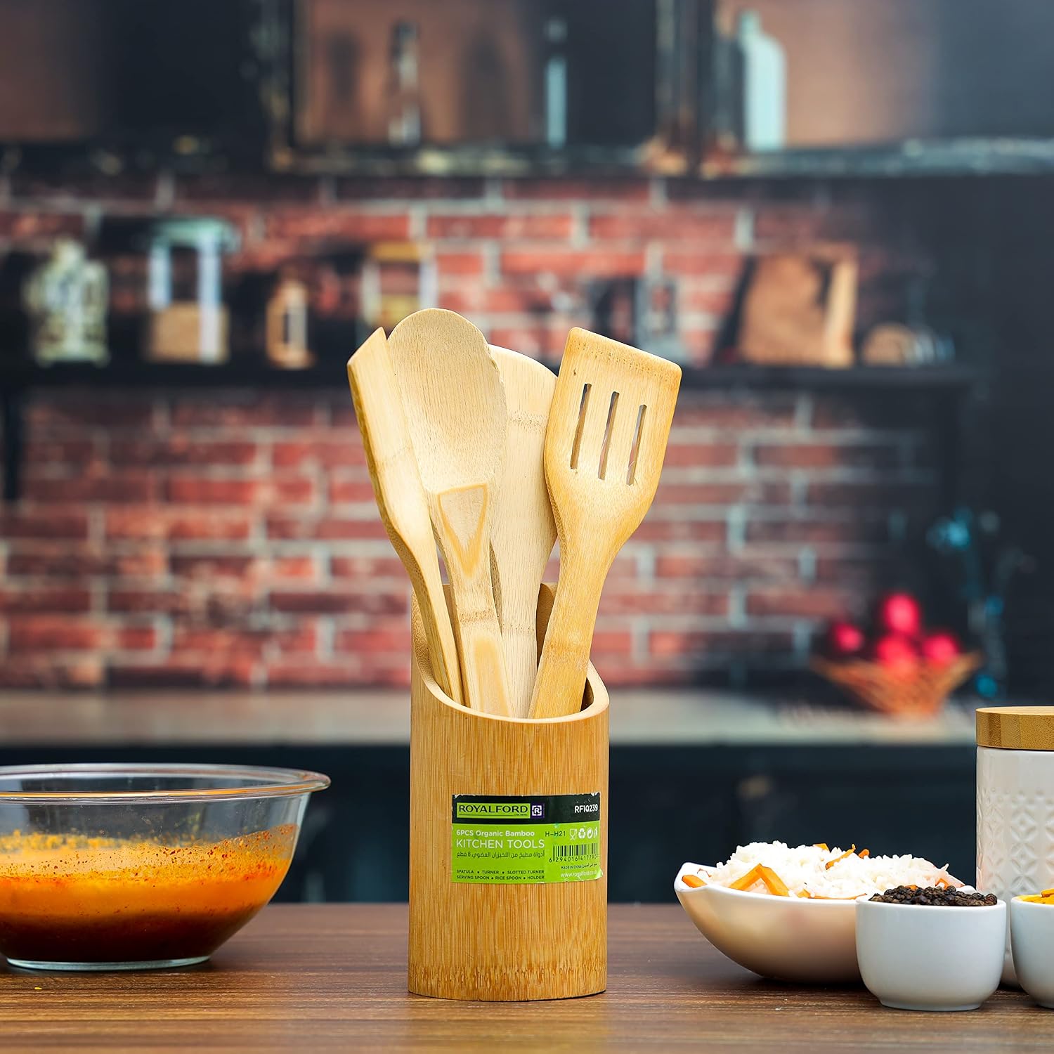 Royalford Organic Bamboo Kitchen Tools, Rf10239 | Spatula, Turner, Slotted Turner, Serving Spoon, Rice Spoon And Holder | Nonstick Kitchen Utensil Set | Non-Scratch Cookware Tools, Multi - الصورة 6