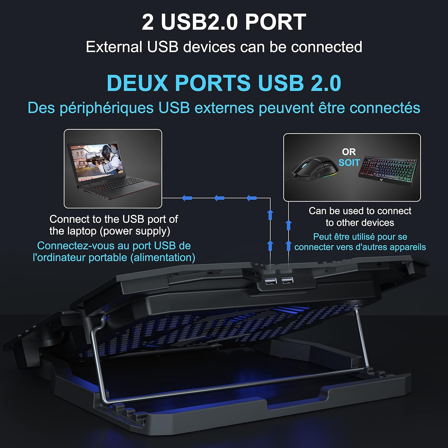 TopMate C5 Laptop Cooling Pad Gaming Notebook Cooler, Laptop Fan Cooling Stand Adjustable Height with 5 Quiet Fans Blue LED Light, Computer Chill Mat with LCD Controller, for 10-15.6 Inch Laptops - الصورة 6