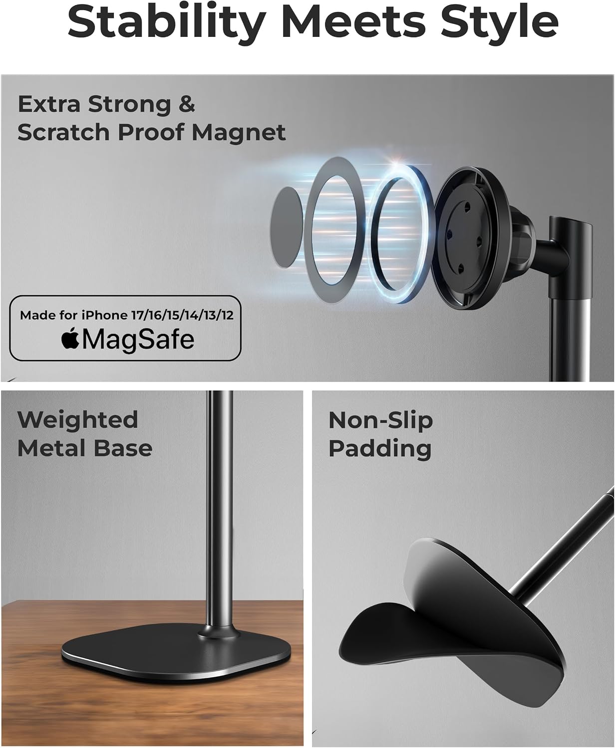 Cooper MagStand - Adjustable Magnetic iPhone Stand for Desk & Phone Holder for Video Recording, Compatible with MagSafe, Stand for iPhone 17 Pro Max, 16-12, Small Mag Safe Tripod (Night Black) - الصورة 4