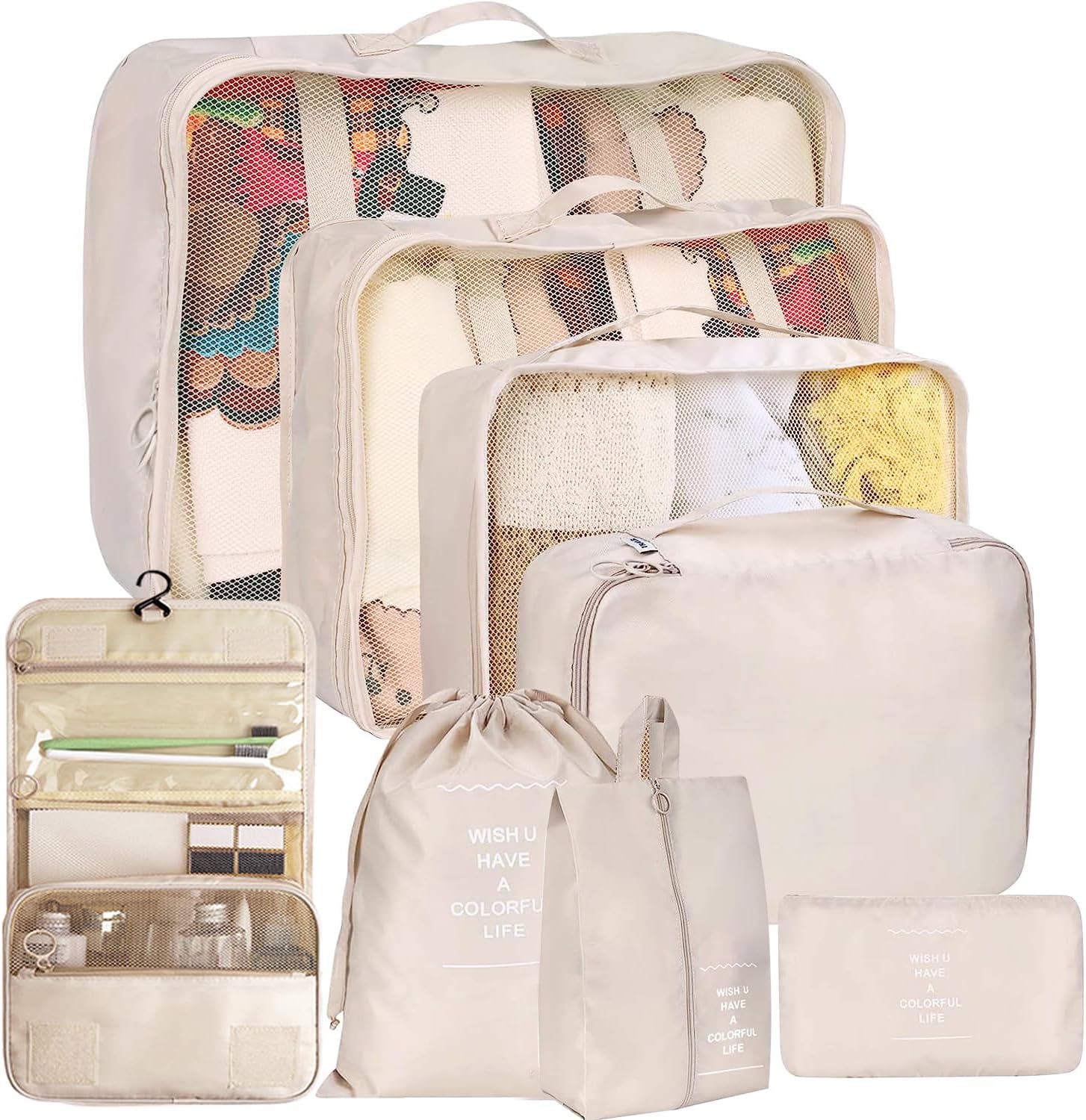 Yoawllty 8pcs Packing Cubes,Travel Organizer for Suitcases,Travel Essentials Bag Organizers for Carry on,Luggage Organizer Bags Set for Travel Accessories(Beige)