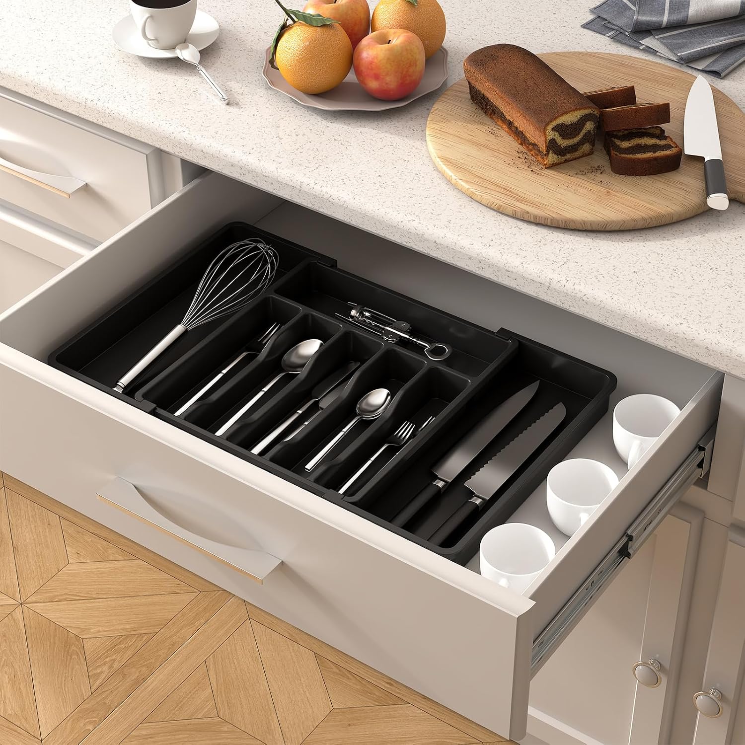 Lifewit Cutlery Drawer Organiser, Large Expandable to 57cm Utensil Tray for Kitchen, Adjustable Silverware and Flatware Holder, Compact Plastic Storage for Spoons Forks Knives, Black - الصورة 8
