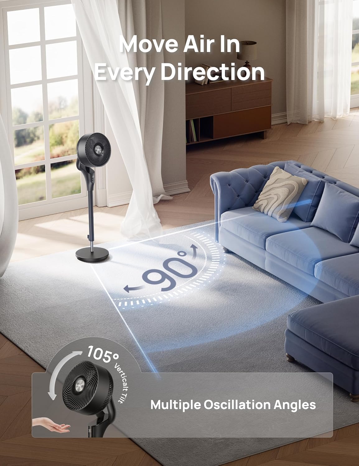 DREO Pedestal Fan for Bedroom 2026 Upgrade – 90ft Airflow, 20dB Ultra-Quiet, 90° Oscillating, Energy-Saving DC Motor, 8+ Speeds & 3 Modes, Adjustable Height 38-42'', 8-Hour Timer, 105° Manual Tilt - الصورة 4