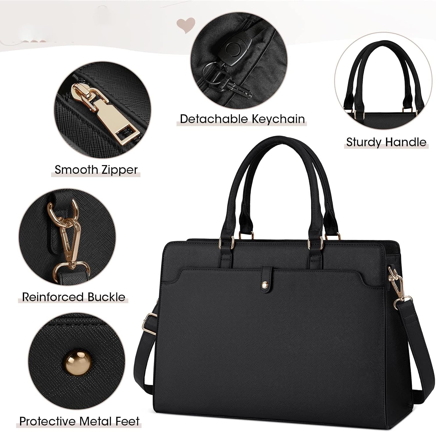 Laptop Bag for Women, 15.6 Inch Leather Office Work Bag with Mezzanine, Waterproof Large Capacity Briefcase, Dual Purpose Handbag Shoulder Bag for Business, Travel, Casual, Black - الصورة 2