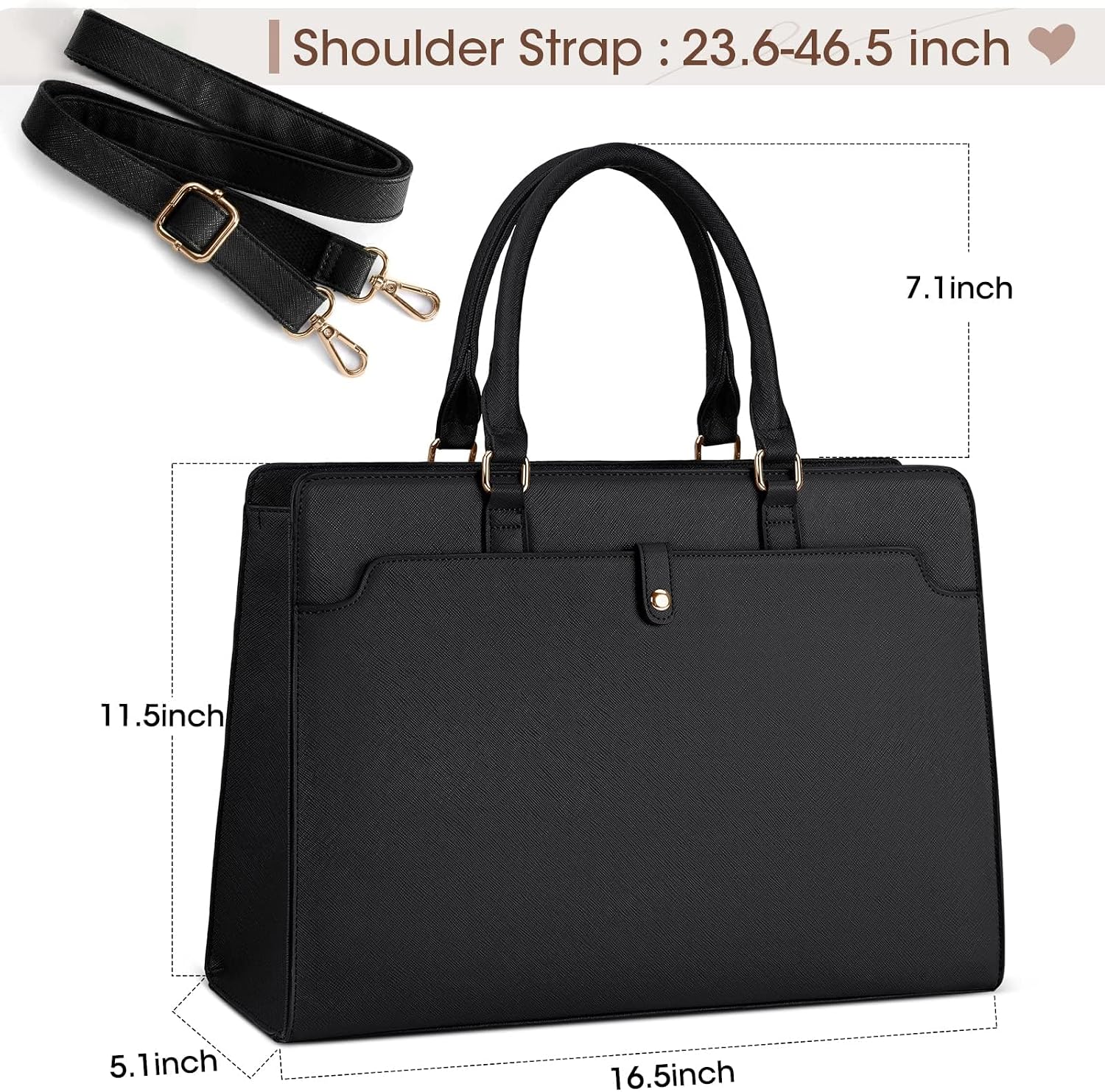 Laptop Bag for Women, 15.6 Inch Leather Office Work Bag with Mezzanine, Waterproof Large Capacity Briefcase, Dual Purpose Handbag Shoulder Bag for Business, Travel, Casual, Black - الصورة 5