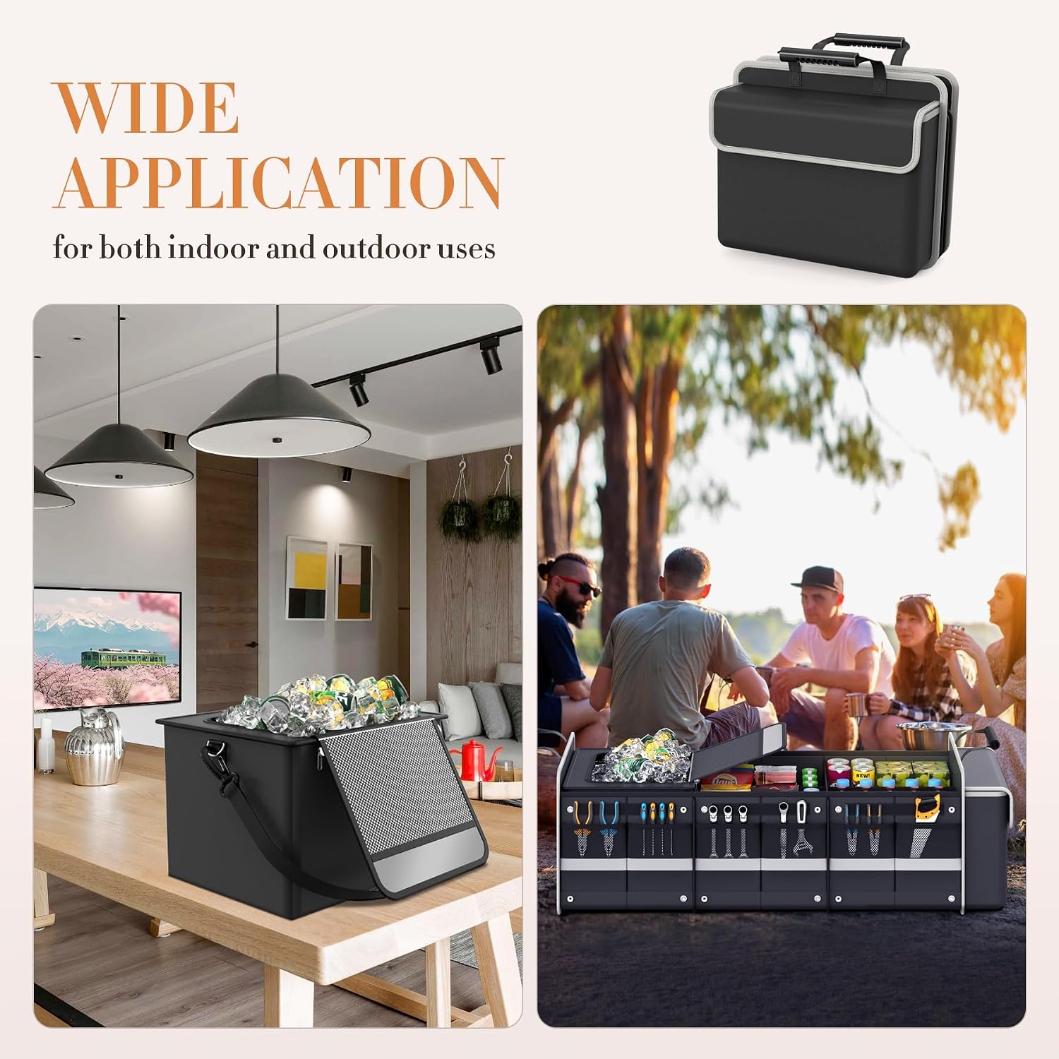 Car Trunk Organizer, Foldable Large Capacity Waterproof Storage Box with Lid, Expandable Multi-Compartment Pockets, Insulated Leakproof Cooler Bag, Adjustable Straps, for SUV Travel (Black) - الصورة 5