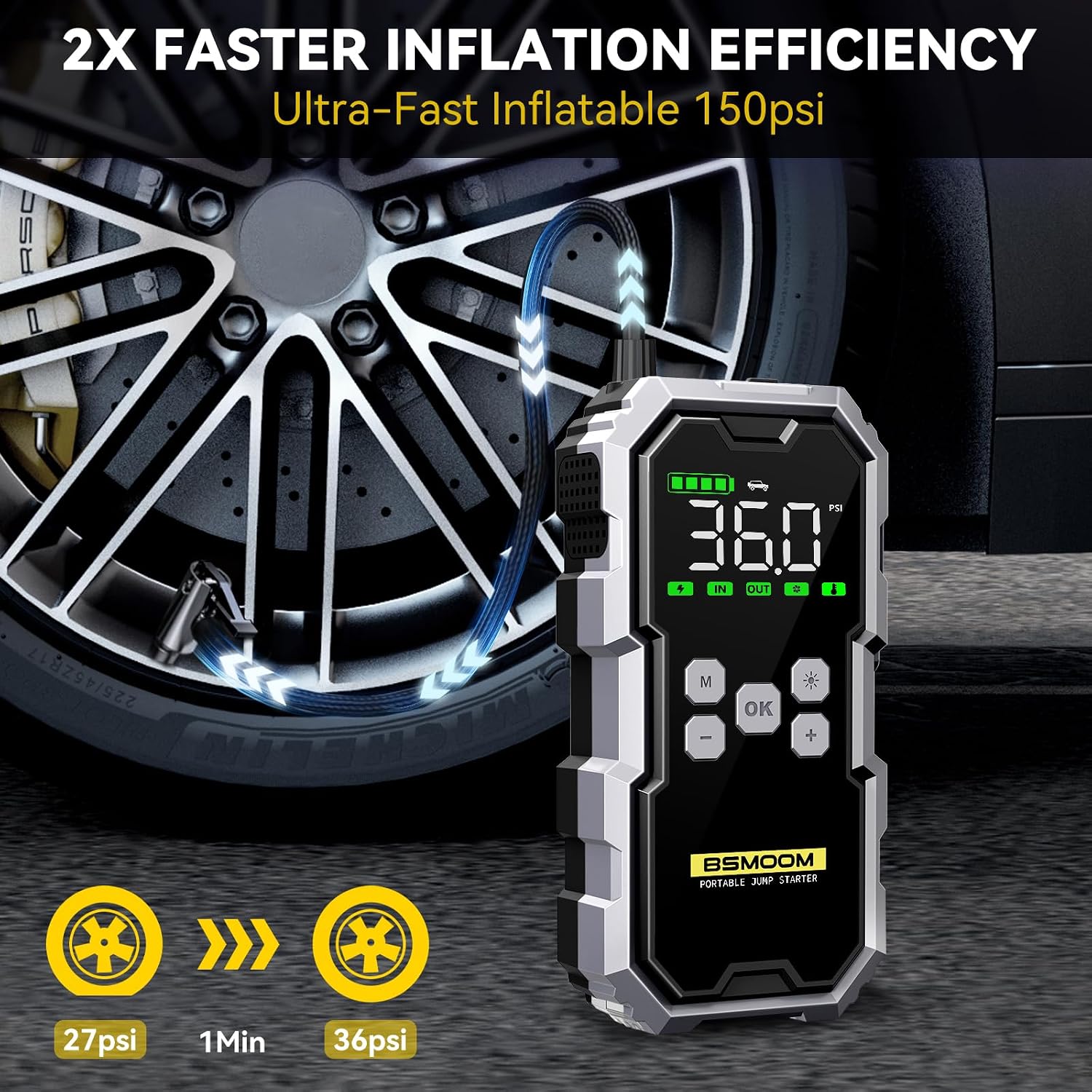 Jump Starter with Air Compressor, 6000A 150PSI Jump Starter Battery Pack (All Gas/10L Diesel), Digital Tire Inflator, with Type-C Quick Charge, Smart Jumper, and LED Lights - الصورة 6