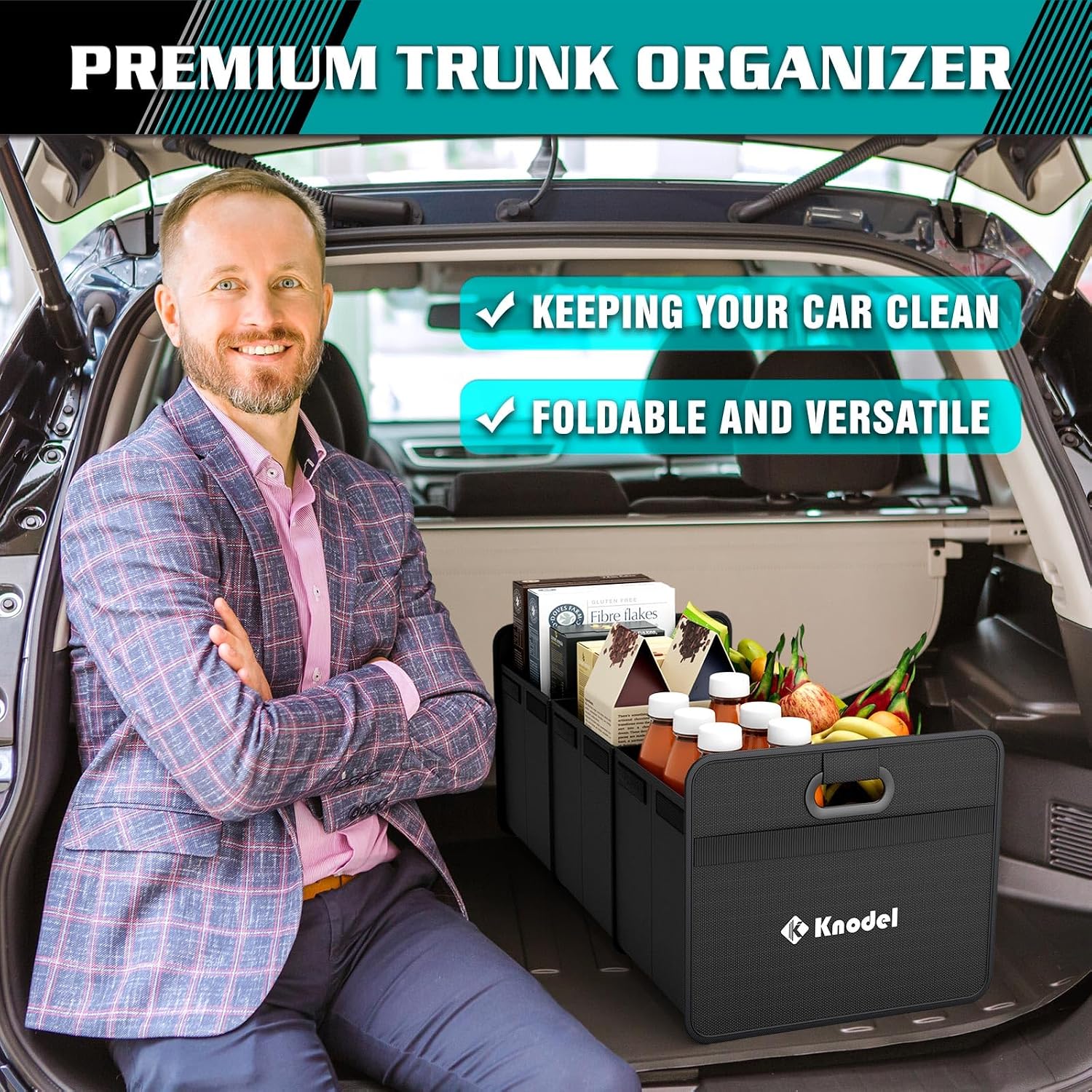 K KNODEL 3 Compartments Trunk Organizer for Car and Suv (Large, Black) - الصورة 8