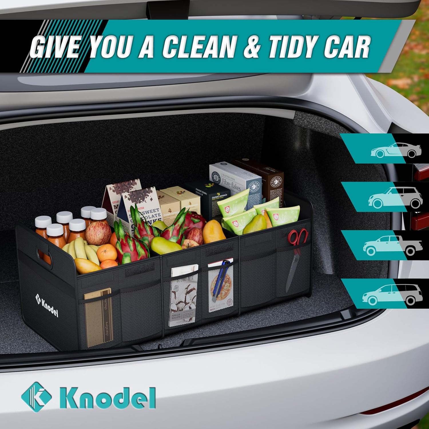 K KNODEL 3 Compartments Trunk Organizer for Car and Suv (Large, Black) - الصورة 7