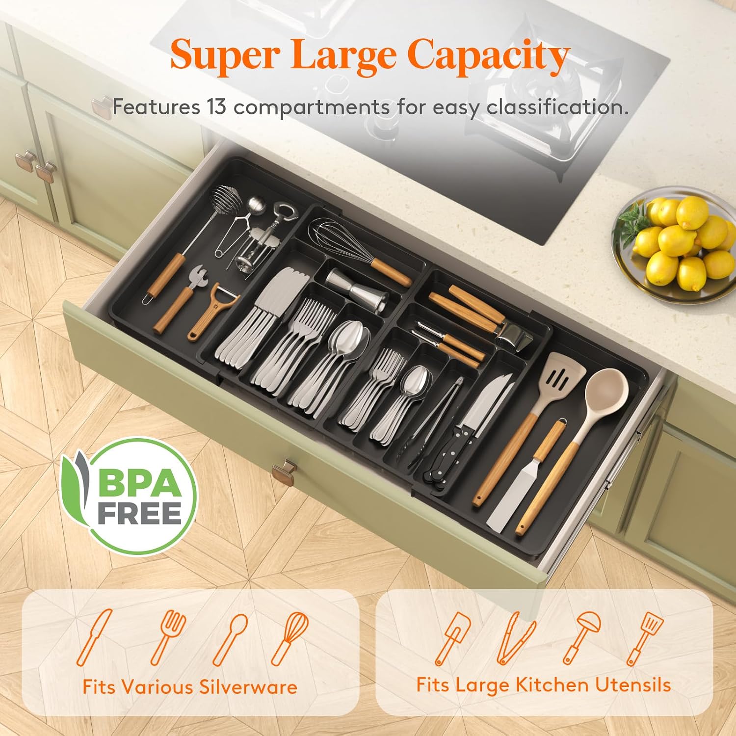 Lifewit Upgraded Large Cutlery Tray, Silverware Drawer Organizer, Expandable to 36 Inches Wide, Utensil Tray for Kitchen, Adjustable Flatware and Cutlery Holder for Spoons Forks Knives, Black - الصورة 6