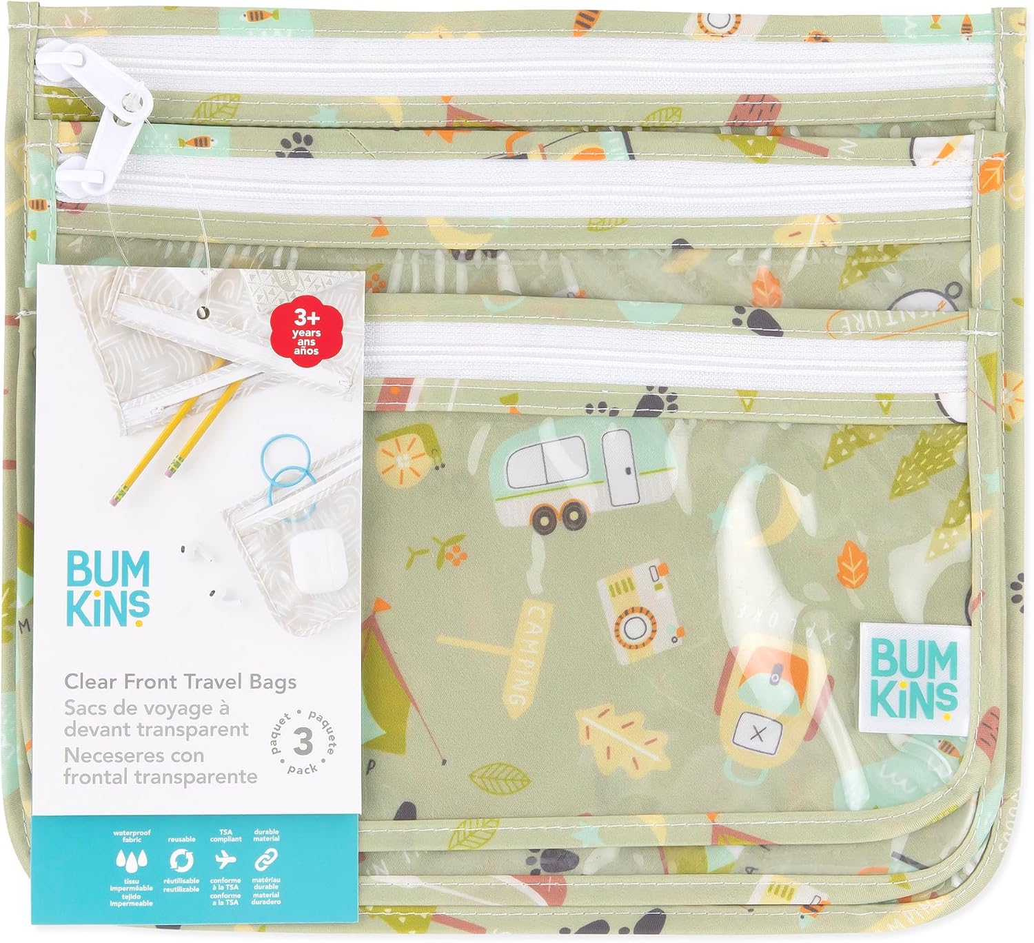 Bumkins Travel Bag, Toiletry, Baby, TSA Approved Pouch, Zip Bag, Quart Size Compliant, Clear-Sided, Diaper Bag Organization, Makeup, Accessories, Set of 3 - الصورة 5