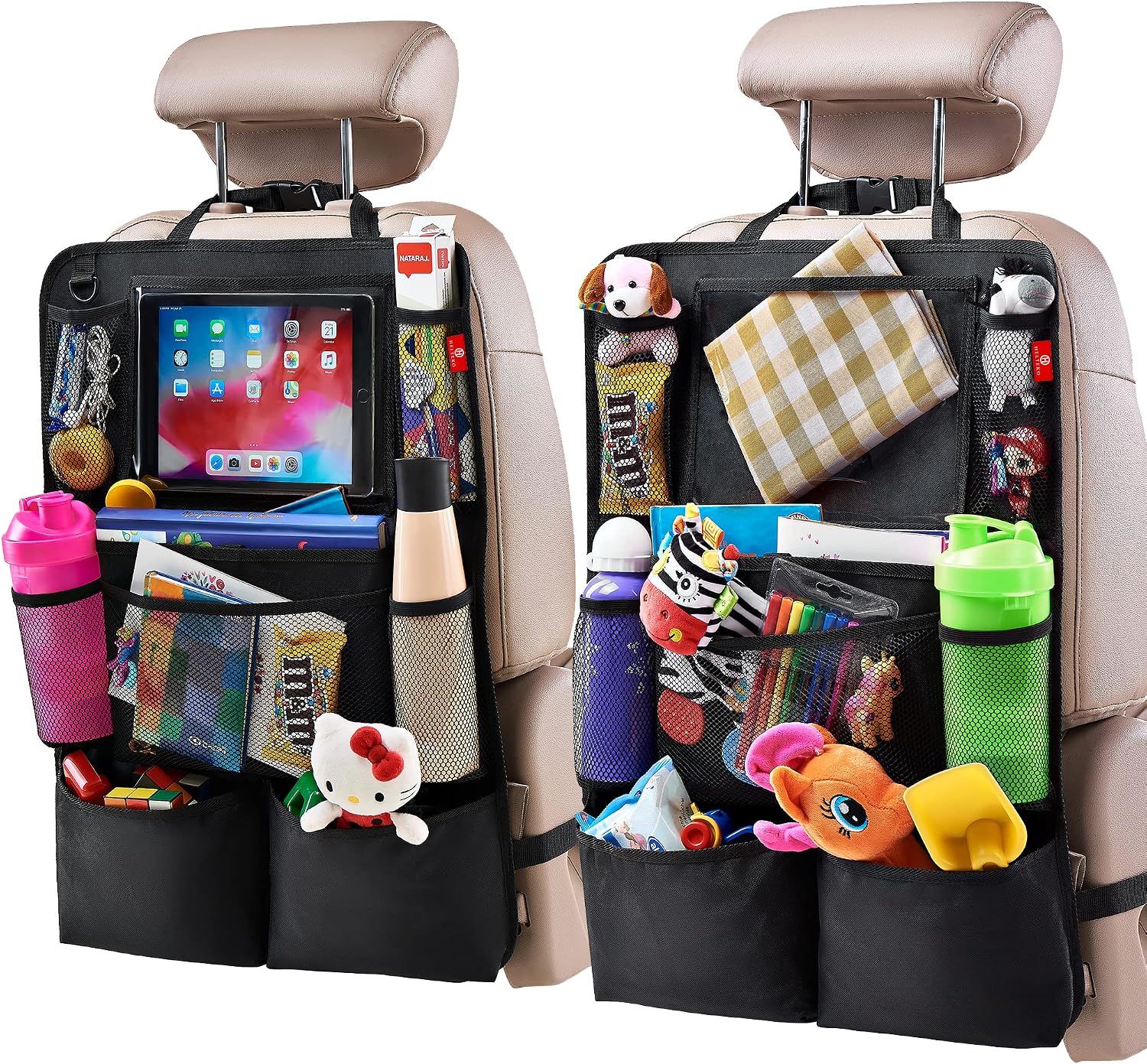 Helteko Car Seat Organiser, Kick Mats Back Seat Protector with Touch Screen Tablet Holder, Car Backseat Organiser for Kids, Car Travel Accessories, Car Organiser with 9 Storage Pockets, 2 Pcs
