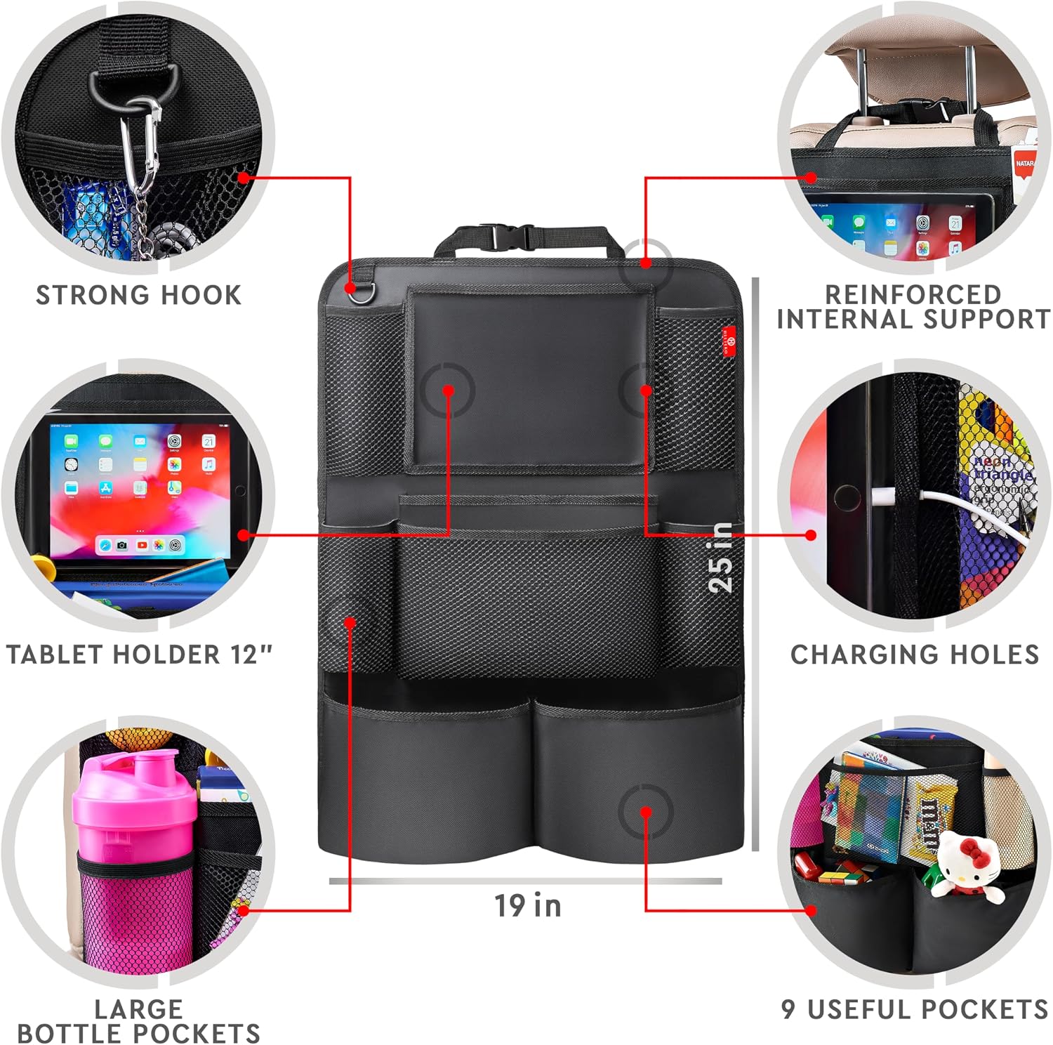 Helteko Car Seat Organiser, Kick Mats Back Seat Protector with Touch Screen Tablet Holder, Car Backseat Organiser for Kids, Car Travel Accessories, Car Organiser with 9 Storage Pockets, 2 Pcs - الصورة 6