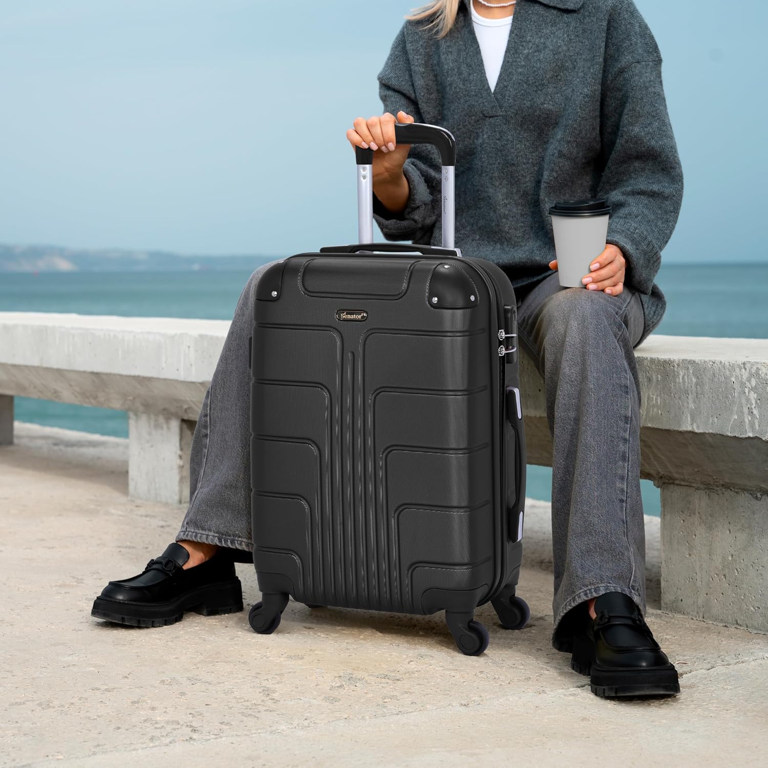 Senator Hard Shell Luggage Set 3-Piece Suit Case on Wheels for Unisex Travel A1012 | ABS Lightweight Hard side Luggage with Spinner Wheels 4 (Set of 3, Black) - الصورة 2