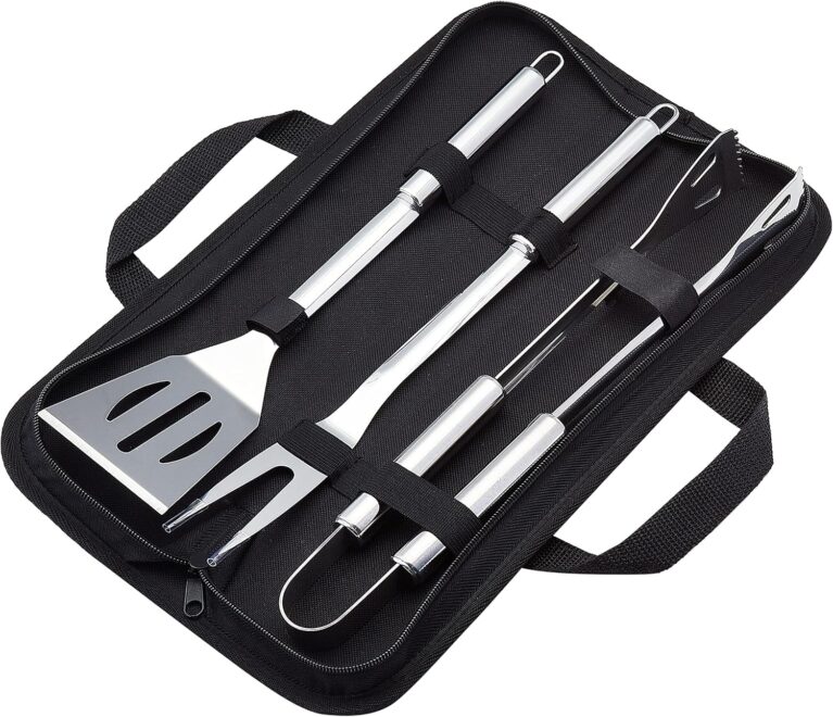 Aputue Stainless Steel BBQ Tool Set, 4 Piece Grilling Kit with Spatula, Tongs, Fork and Carry Bag, Durable and Rust-Resistant Grill Utensils for Outdoor Cooking, Perfect for Backyard Parties and Picni