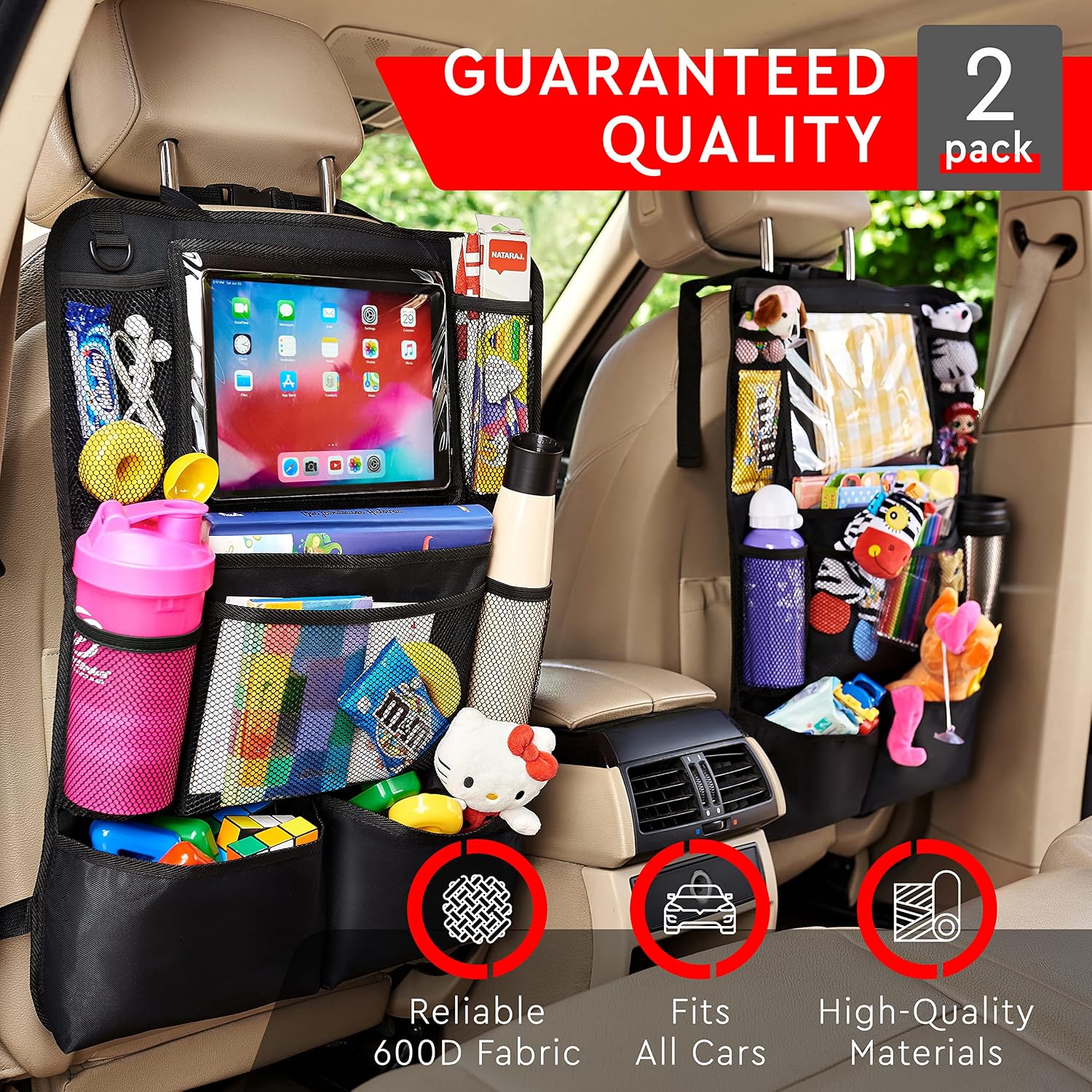 Helteko Car Seat Organiser, Kick Mats Back Seat Protector with Touch Screen Tablet Holder, Car Backseat Organiser for Kids, Car Travel Accessories, Car Organiser with 9 Storage Pockets, 2 Pcs - الصورة 2