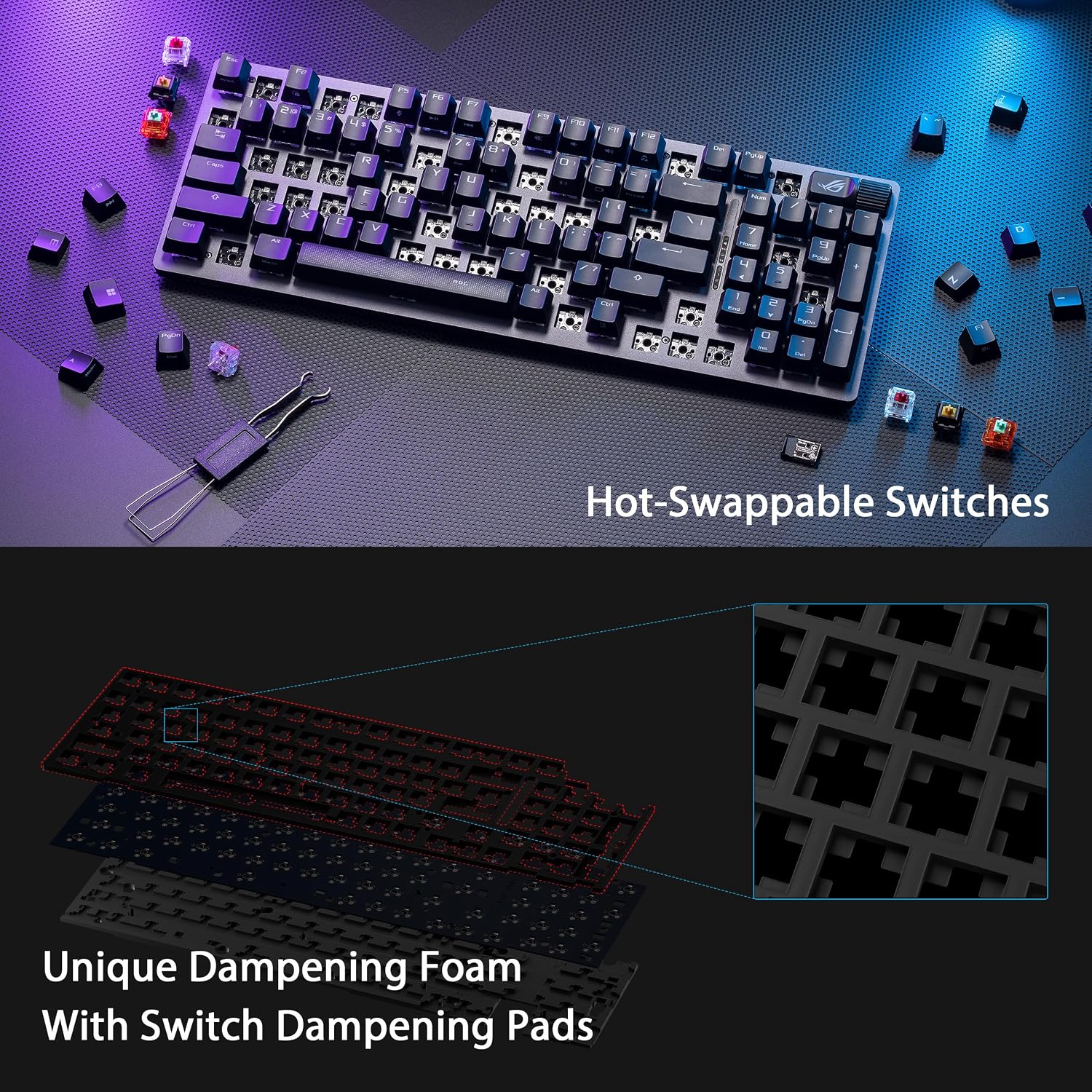 ASUS ROG Strix Scope II 96 Wireless Gaming Keyboard, Tri-Mode Connection, Dampening Foam & Switch-Dampening Pads, Hot-Swappable Pre-lubed ROG NX Snow Switches, UV-Coated ABS Keycaps, RGB-Black - الصورة 9