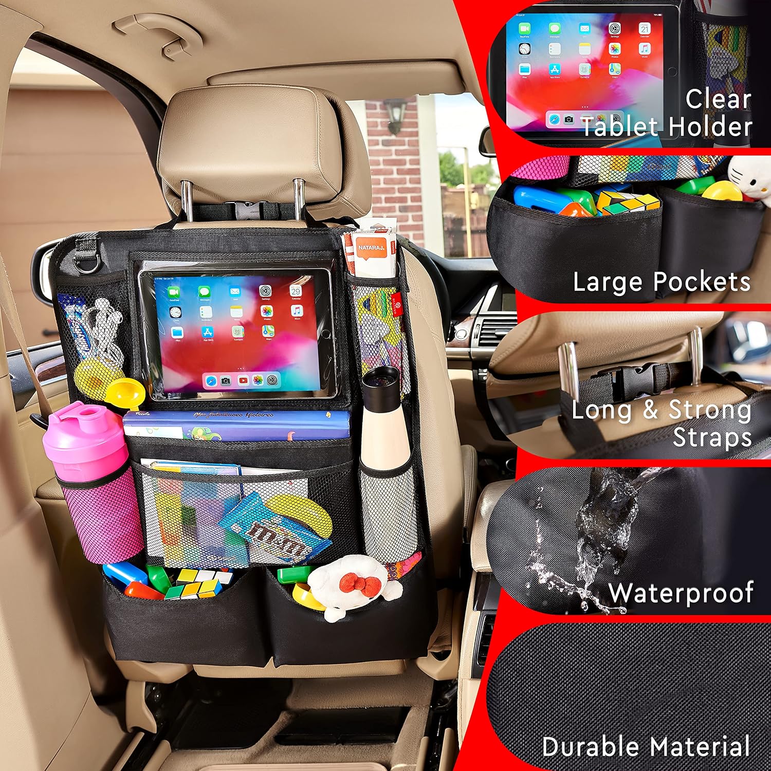 Helteko Car Seat Organiser, Kick Mats Back Seat Protector with Touch Screen Tablet Holder, Car Backseat Organiser for Kids, Car Travel Accessories, Car Organiser with 9 Storage Pockets, 2 Pcs - الصورة 4