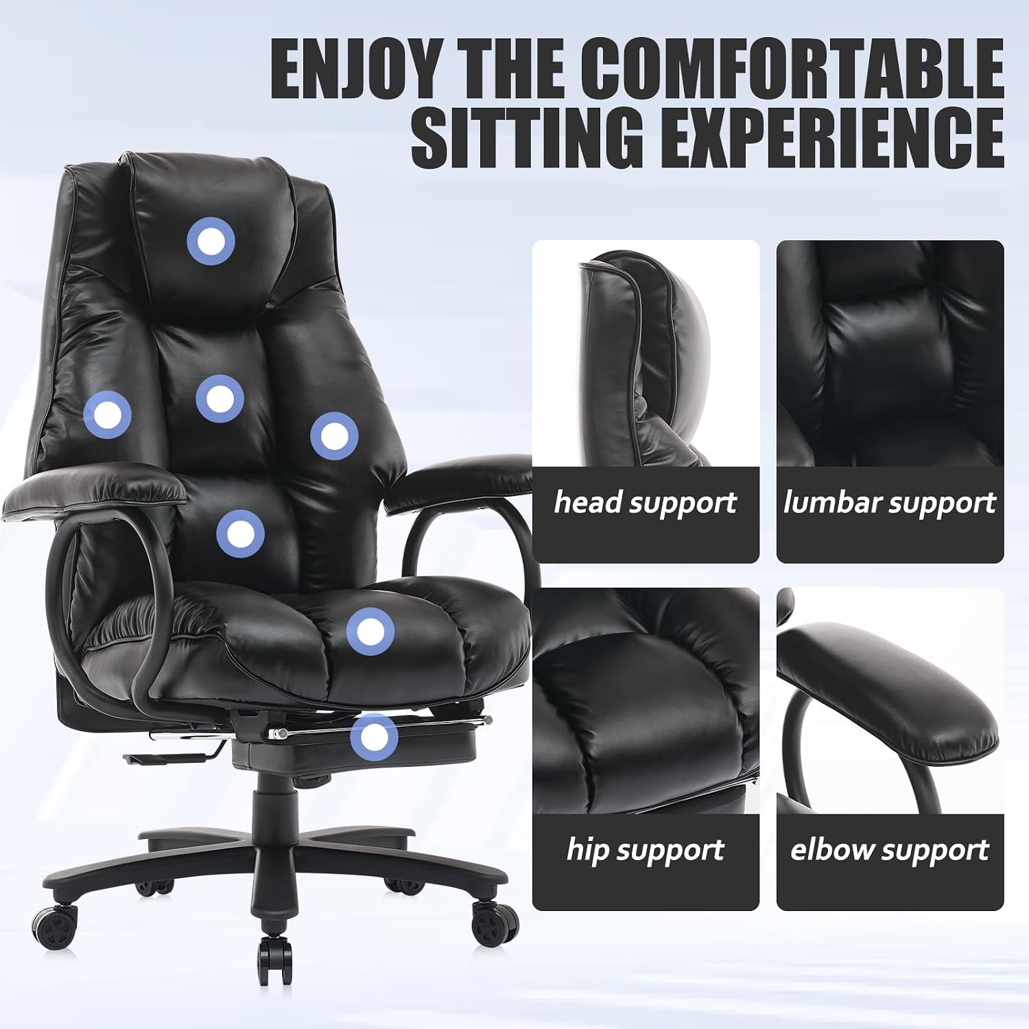 Efomao Big and Tall Office Chair 500LBS for Back Pain Relief, Heavy Duty Executive Office Chair with Foot Rest, Ergonomic Office Chairs for Long Hours Sitting, Computer Chairs. Black - الصورة 5
